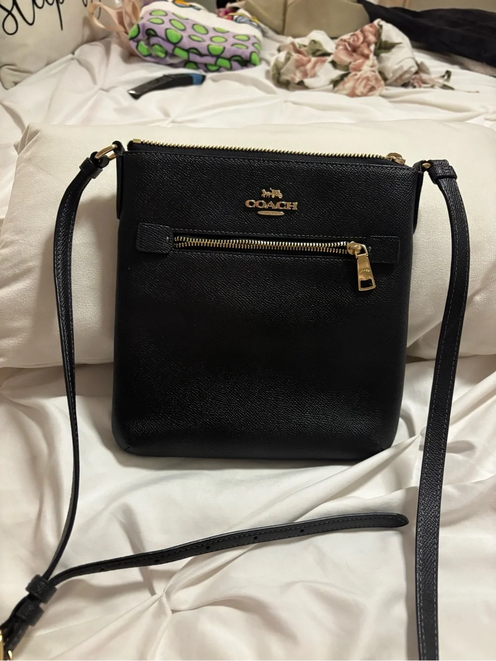 Coach Black Leather Crossbody with Gold-Tone Accents